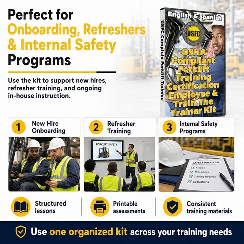 مجموعة أدوات التدريب على سلامة مشغلي الرافعة الشوكية - OSHA 1910.178، الإنجليزية والإسبانية | مجموعة أدوات USB تحتوي على شرائح واختبارات ودليل مدرب لتدريب فريقك على قواعد إدارة السلامة والصحة المهنية in Kuwait