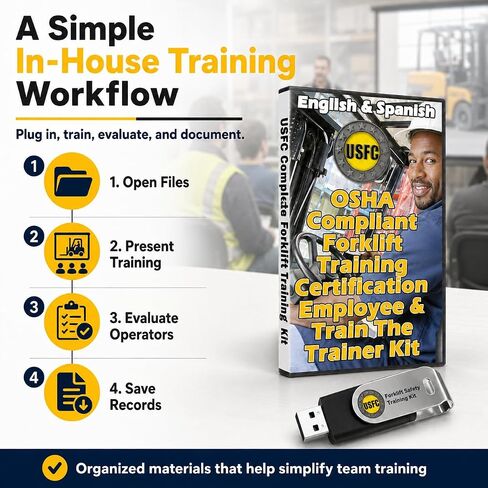 مجموعة أدوات التدريب على سلامة مشغلي الرافعة الشوكية - OSHA 1910.178، الإنجليزية والإسبانية | مجموعة أدوات USB تحتوي على شرائح واختبارات ودليل مدرب لتدريب فريقك على قواعد إدارة السلامة والصحة المهنية in Kuwait