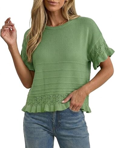 Women's 2025 Fall Short Sleeve Sweater Tops Casual Crew Neck Ribbed Knit Blouses Trendy Ruffle Hem Pullovers in Kuwait