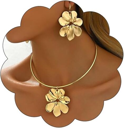 Gold Flower Earrings Necklace Set Vintage Large Double Flower Pendant Earrings Summer Spring Charm White Flower Statement Necklace Trendy Double Flower Jewelry For Women in Saudi Arabia