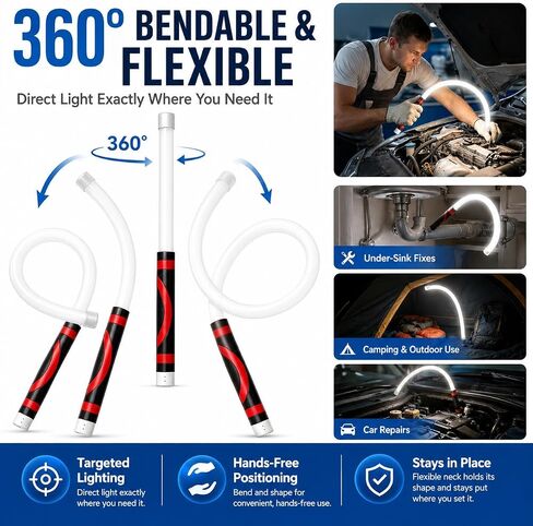 Flexible LED Light Stick 30", Rechargeable Bendable Mechanic Work Light, 1200 Lumens Inspection Light with 360° Flexible Neck, IPX6 Waterproof for Car Repair, Under Hood, Garage and Tight Spaces in Kuwait