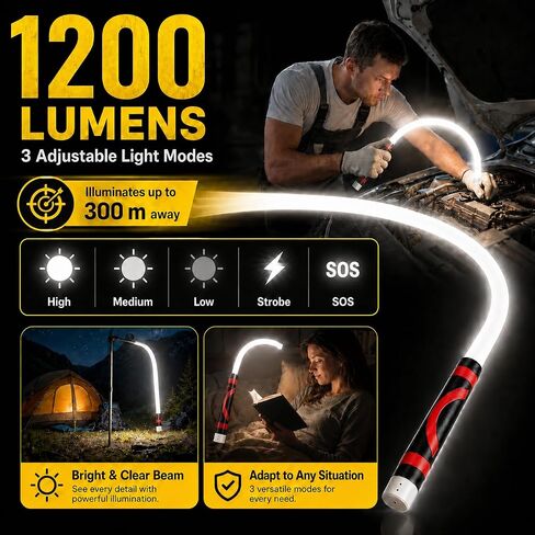Flexible LED Light Stick 30", Rechargeable Bendable Mechanic Work Light, 1200 Lumens Inspection Light with 360° Flexible Neck, IPX6 Waterproof for Car Repair, Under Hood, Garage and Tight Spaces in Kuwait
