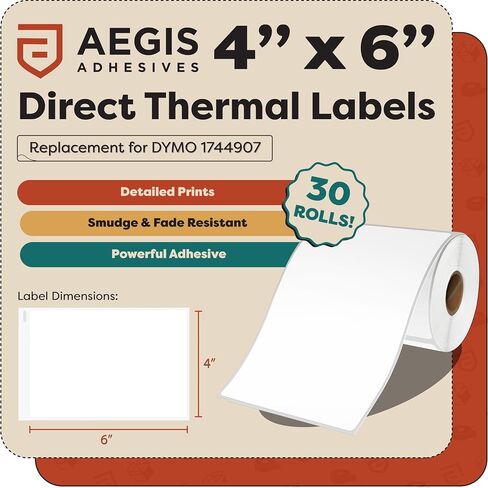 لاصقات إيجيس - ملصقات شحن 4 × 6، ملصقات حرارية مباشرة، DYMO 4XL 1744907، ملصقات عنوان الإرجاع للبريد، العبوات - متوافقة مع طابعات الحمار الوحشي ورولو - (عدد 6600، 30 لفة، وليس 5XL) in Kuwait
