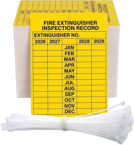 100 Sets Fire Extinguisher Inspection Tags 2026-2029 3" x 2.25" | Adjustable Wire Ties, PVC Plastic, Writable, 4-Years Monthly Record Labels for Fire Extinguisher in Kuwait