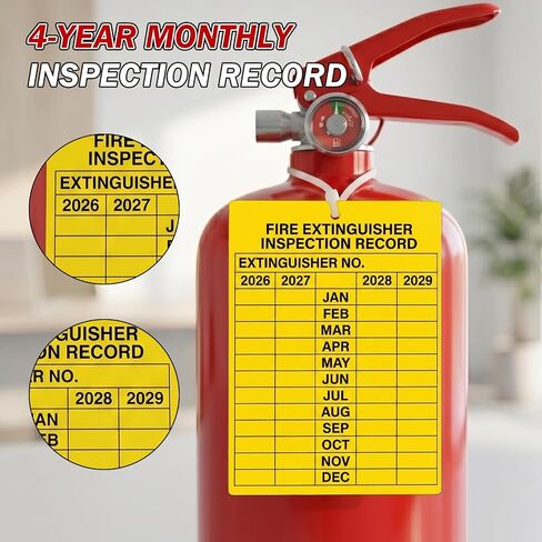 100 Sets Fire Extinguisher Inspection Tags 2026-2029 3" x 2.25" | Adjustable Wire Ties, PVC Plastic, Writable, 4-Years Monthly Record Labels for Fire Extinguisher in Kuwait
