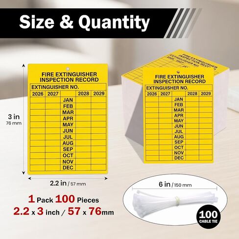100 Sets Fire Extinguisher Inspection Tags 2026-2029 3" x 2.25" | Adjustable Wire Ties, PVC Plastic, Writable, 4-Years Monthly Record Labels for Fire Extinguisher in Kuwait
