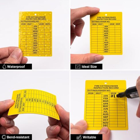 100 Sets Fire Extinguisher Inspection Tags 2026-2029 3" x 2.25" | Adjustable Wire Ties, PVC Plastic, Writable, 4-Years Monthly Record Labels for Fire Extinguisher in Kuwait