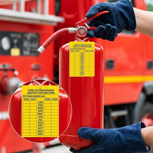 100 Sets Fire Extinguisher Inspection Tags 2026-2029 3" x 2.25" | Adjustable Wire Ties, PVC Plastic, Writable, 4-Years Monthly Record Labels for Fire Extinguisher in Kuwait