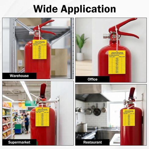 100 Sets Fire Extinguisher Inspection Tags 2026-2029 3" x 2.25" | Adjustable Wire Ties, PVC Plastic, Writable, 4-Years Monthly Record Labels for Fire Extinguisher in Kuwait