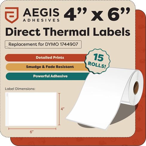 Aegis Adhesives- 4x6 Shipping Labels, Direct Thermal Labels, DYMO 4XL 1744907, Return Address Labels for Mailing, Packages - Compatible with Zebra, Rollo Printers - (3300 Count, 15 Rolls, Not 5XL) in Kuwait