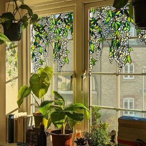 Original Hand Drawn Wisteria Stained Glass Window Hanging Stickers, Transparent Watercolor Floral Window Cling for Glass Window Door, Violet Wisteria 11.81"X17.72"X2PCS