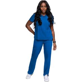 Scrub Women Set, Straight Leg Pant- 5 Pockets with V Neck Shirt, Modern, Short Sleeves,