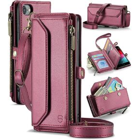 حافظة محفظة Strapurs Crossbody لهاتف iPhone SE/8/7 【حجب RFID】 مع فتحة فواتير بسحاب حامل 7 بطاقات، حزام كتف مغناطيسي من جلد البولي يوريثان الناعم لهاتف iPhone SE 2020/2022 محفظة للنساء، أسود