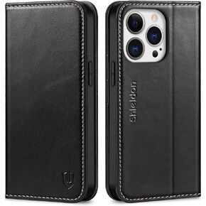 SHIELDON Case for iPhone 13 Pro 5G, Genuine Leather Wallet Case RFID Blocking Credit Card Holder Folio Magnetic Kickstand Shockproof Cover Compatible with iPhone 13 Pro 5G 6.1" - Black