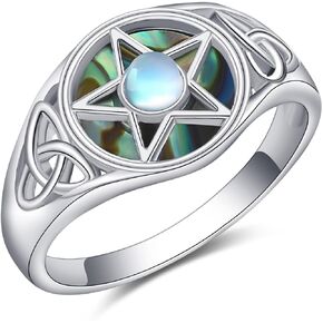YFN Pentagram Pentacle Ring Sterling Silver Pentagram Moonstone Ring Pentacle Abalone Shell Wiccan Jewelry Gifts for Women Girls