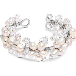 AeraVida Elegantly Handcrafted Cultured Freshwater White Pearl & Crystal Flowers Cuff Bracelet