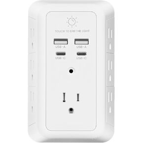 Wall Charger Surge Protector, Outlet Extender with Night Light, USB Wall Charger with 2 USB C and 2 USB Ports, 3-Sided Power Strip with Adapter Spaced Outlets for Home Office Travel, ETL Certified in Kuwait