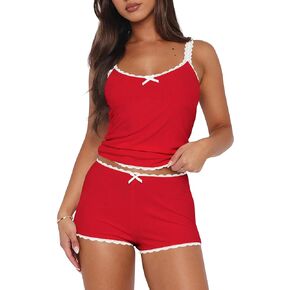 Cioatin Women 2 Piece Ribbed Y2K Pajama Set Sleeveless Lace Patchwork Crop Cami Tops and Shorts Lounge Sleepwear PJ Set
