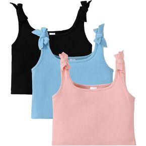 ROMPERINBOX Girls Tank Tops 8-12 Years 3 Pack Tween Girl Knot Shoulder Textured Crop Tank Top