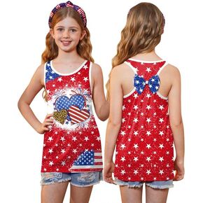 4th of July Girls American Flag Back Bow Patriotic Tank Tops 4-12 Years
