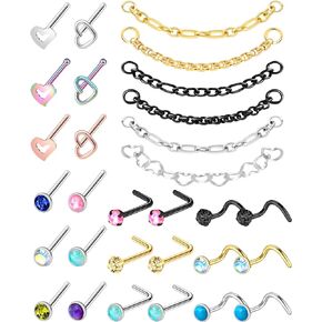 ONESING 30 Pcs 20G Nose Rings Studs Nose Rings for Women Nose Piercings Jewelry Surgical Stainless Steel Straight Nose Studs Nose Rings Chain Hypoallergenic Body Piercing Jewelry for Women Men