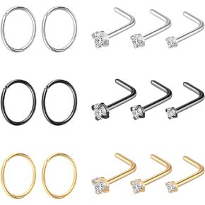 Lusofie Nose Rings Hoops L-shaped Nose Studs Set 15Pcs 22G 20G 18G Stainless Steel CZ Nose Ring Studs Piercing Jewelry for Women Men(Silver, Gold, Black)