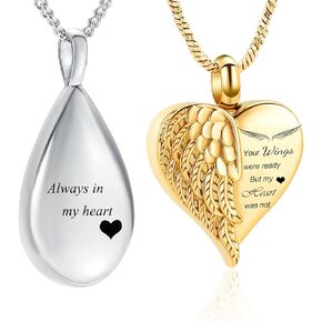 Yinplsmemory 2 PCS Cremation Jewelry for Ashes Keepsake Urn Necklace for Human/Pet Ashes Teardrop Urn Locket Angel Wing Heart Ashes Jewelry