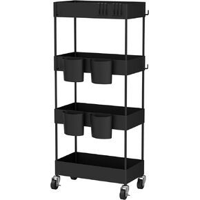 CAXXA 4-Tier Rolling Storage Organizer with 4 Small Baskets - Mobile Utility Cart with Caster Wheels, Black in Kuwait