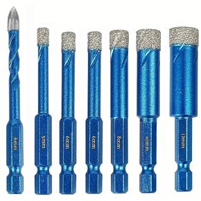 Dry Diamond Core Drill Bits Set 7PCS 5/6/6/8/10/12mm Diamond Hole Saw & 1PCS 6mm Carbide Drill with Quick Change Hex Shank for Ceramic Porcelain Tile Vacuum Brazed Marble Granite Quartz Grinder