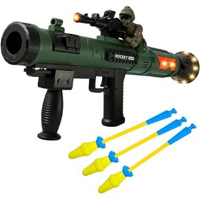 Toy Rocket Launcher, Rocket Gun with 3 Foam Rockets, Toy Rocket Barrel Launcher RPG Gun for Kids, with Sound, Vibration, LED Effects, Military Pretend Play Blaster Toy Gun for Boys (Brown)