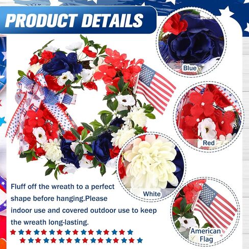 اكليلا من الزهور الوطنية في الرابع من يوليو للباب الأمامي كوبية اصطناعية وعلم أمريكا ديكور اكليلا من الزهور باللونين الأحمر والأبيض والأزرق للباب الأمامي في الرابع من يوليو ديكورات يوم الاستقلال التذكاري in Kuwait
