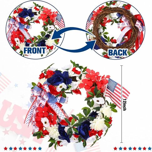 اكليلا من الزهور الوطنية في الرابع من يوليو للباب الأمامي كوبية اصطناعية وعلم أمريكا ديكور اكليلا من الزهور باللونين الأحمر والأبيض والأزرق للباب الأمامي في الرابع من يوليو ديكورات يوم الاستقلال التذكاري in Kuwait