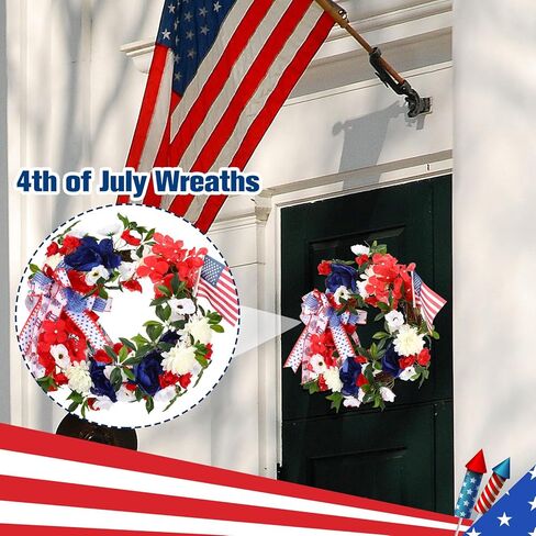 اكليلا من الزهور الوطنية في الرابع من يوليو للباب الأمامي كوبية اصطناعية وعلم أمريكا ديكور اكليلا من الزهور باللونين الأحمر والأبيض والأزرق للباب الأمامي في الرابع من يوليو ديكورات يوم الاستقلال التذكاري in Kuwait