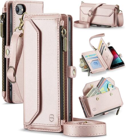 حافظة محفظة Strapurs Crossbody لهاتف iPhone SE/8/7 【حجب RFID】 مع فتحة فواتير بسحاب حامل 7 بطاقات، حزام كتف مغناطيسي من جلد البولي يوريثان الناعم لهاتف iPhone SE 2020/2022 محفظة للنساء، أسود in Kuwait