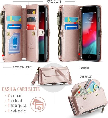 حافظة محفظة Strapurs Crossbody لهاتف iPhone SE/8/7 【حجب RFID】 مع فتحة فواتير بسحاب حامل 7 بطاقات، حزام كتف مغناطيسي من جلد البولي يوريثان الناعم لهاتف iPhone SE 2020/2022 محفظة للنساء، أسود in Kuwait