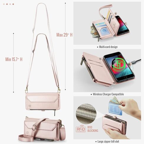 حافظة محفظة Strapurs Crossbody لهاتف iPhone SE/8/7 【حجب RFID】 مع فتحة فواتير بسحاب حامل 7 بطاقات، حزام كتف مغناطيسي من جلد البولي يوريثان الناعم لهاتف iPhone SE 2020/2022 محفظة للنساء، أسود in Kuwait