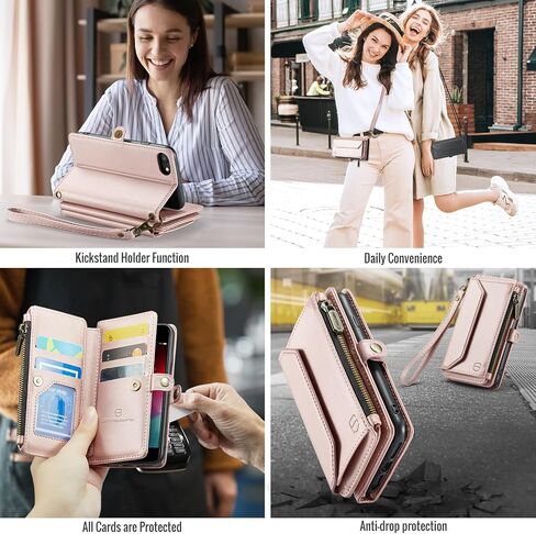 حافظة محفظة Strapurs Crossbody لهاتف iPhone SE/8/7 【حجب RFID】 مع فتحة فواتير بسحاب حامل 7 بطاقات، حزام كتف مغناطيسي من جلد البولي يوريثان الناعم لهاتف iPhone SE 2020/2022 محفظة للنساء، أسود in Kuwait