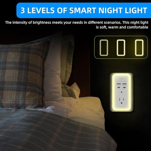 واقي من زيادة التيار لشاحن الحائط، موسع منفذ مع ضوء ليلي، شاحن حائط USB مع منفذي USB C ومنفذي USB، شريط طاقة ثلاثي الجوانب مع منافذ محول متباعدة للسفر في المنزل والمكتب، معتمد من ETL in Kuwait