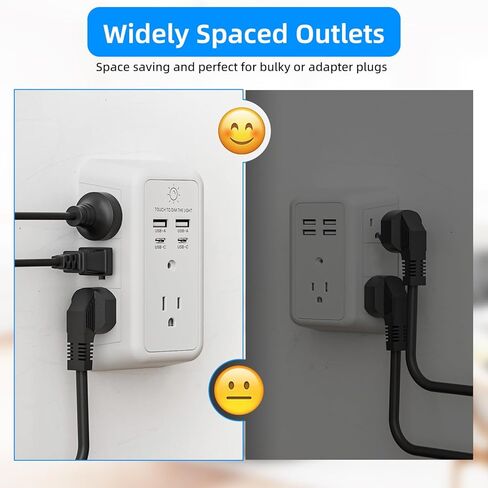 واقي من زيادة التيار لشاحن الحائط، موسع منفذ مع ضوء ليلي، شاحن حائط USB مع منفذي USB C ومنفذي USB، شريط طاقة ثلاثي الجوانب مع منافذ محول متباعدة للسفر في المنزل والمكتب، معتمد من ETL in Kuwait