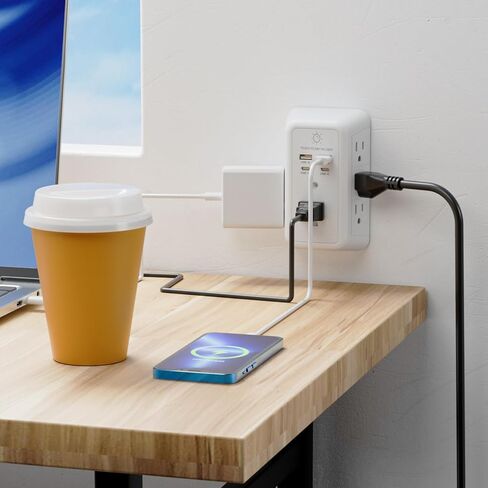 واقي من زيادة التيار لشاحن الحائط، موسع منفذ مع ضوء ليلي، شاحن حائط USB مع منفذي USB C ومنفذي USB، شريط طاقة ثلاثي الجوانب مع منافذ محول متباعدة للسفر في المنزل والمكتب، معتمد من ETL in Kuwait