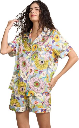 Womens Silk Satin Shorts Pajamas Set Button Down 2 Piece Pjs Short Sleeve Oversized Sleepwear with Pockets in Saudi Arabia
