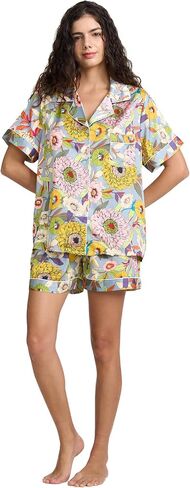 Womens Silk Satin Shorts Pajamas Set Button Down 2 Piece Pjs Short Sleeve Oversized Sleepwear with Pockets in Saudi Arabia