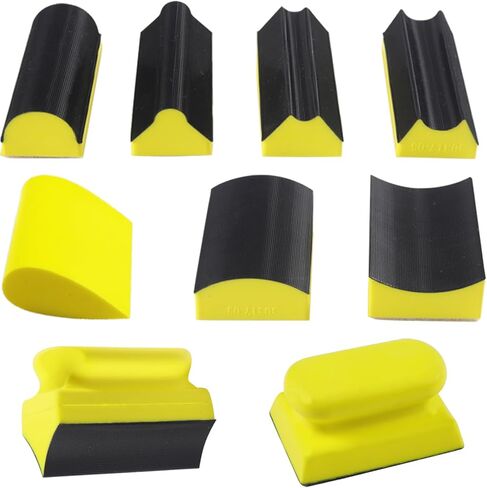 مجموعة قوالب الصنفرة اليدوية المكونة من 9 قطع، مجموعة متنوعة من الأشكال المحدبة والمقعرة بتفاصيل خطاف وحلقة للخشب وإصلاح هياكل السيارات والطلاء والأعمال الخشبية والأثاث، باللون الأصفر in Kuwait