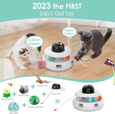 لعبة كاشيفي للقطط التفاعلية للقطط الداخلية: ألعاب ريش القطط 5 في 1 قابلة لإعادة الشحن أوتوماتيكية مع ضوء | معالجة الكرات | النعناع البري | ريشة الكمين | نداء الطيور | الفراشة الطائرة لتمرين القطط in Kuwait