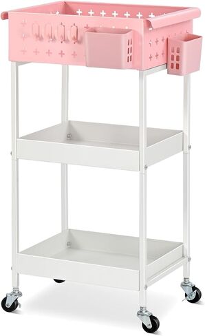 عربة تخزين دوارة من TOOLF مكونة من 3 طبقات، منظم عربة دوارة بعجلات، عربة أدوات معدنية مع لوحة تعليق/خطافات/صناديق، عربة للحمام وغرفة تخزين المطبخ بجانب السرير، باللون الأخضر in Kuwait