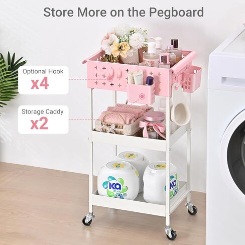 عربة تخزين دوارة من TOOLF مكونة من 3 طبقات، منظم عربة دوارة بعجلات، عربة أدوات معدنية مع لوحة تعليق/خطافات/صناديق، عربة للحمام وغرفة تخزين المطبخ بجانب السرير، باللون الأخضر in Kuwait