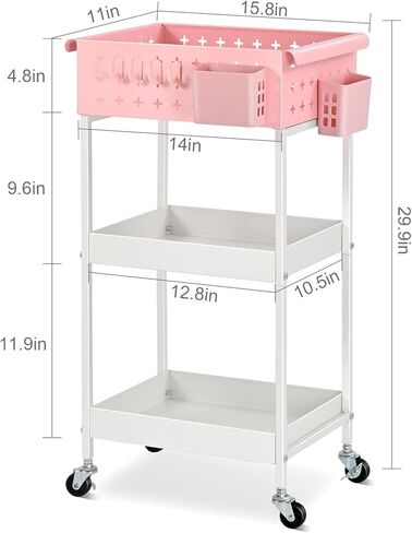 عربة تخزين دوارة من TOOLF مكونة من 3 طبقات، منظم عربة دوارة بعجلات، عربة أدوات معدنية مع لوحة تعليق/خطافات/صناديق، عربة للحمام وغرفة تخزين المطبخ بجانب السرير، باللون الأخضر in Kuwait