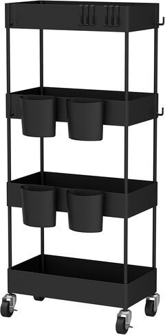 CAXXA 4-Tier Rolling Storage Organizer with 4 Small Baskets - Mobile Utility Cart with Caster Wheels, Black in Kuwait