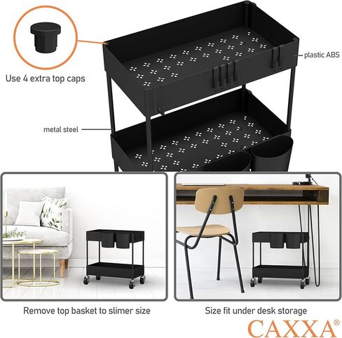 CAXXA 4-Tier Rolling Storage Organizer with 4 Small Baskets - Mobile Utility Cart with Caster Wheels, Black in Kuwait