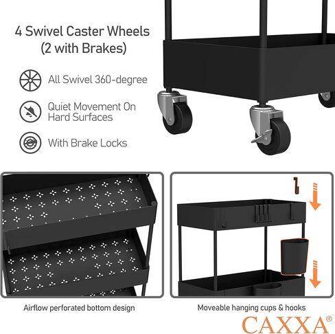 CAXXA 4-Tier Rolling Storage Organizer with 4 Small Baskets - Mobile Utility Cart with Caster Wheels, Black in Kuwait